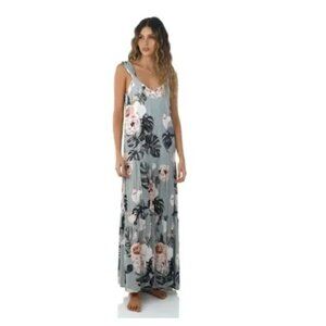 Malai Dharma Garden Maggie Maxi Dress L Sage Green Floral Boho Vacation